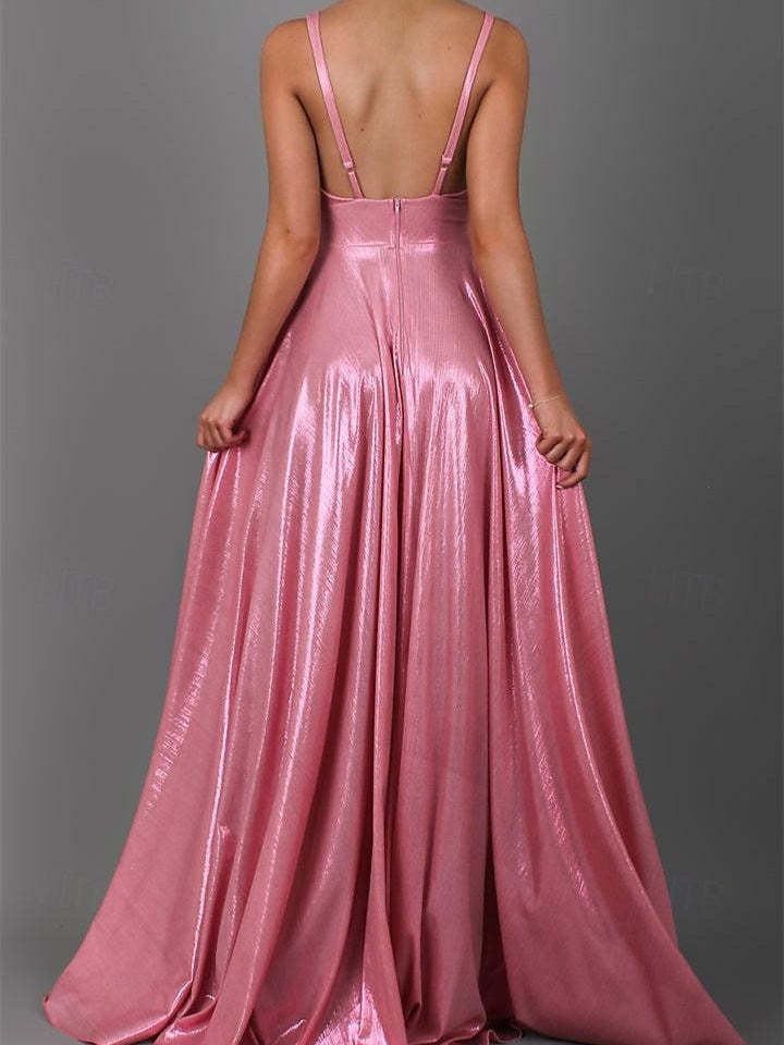Floor-Length Sleeveless V-Neck A-Line Prom Dress with Pleats