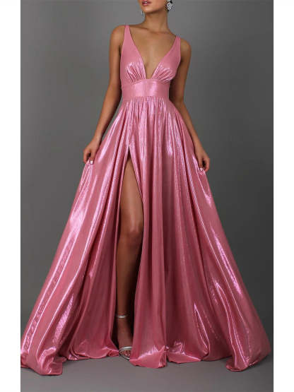 Floor-Length Sleeveless V-Neck A-Line Prom Dress with Pleats