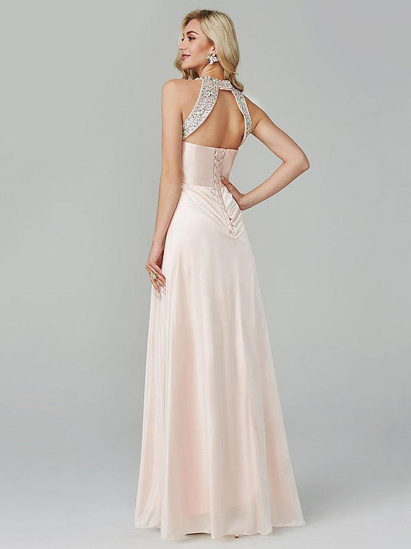 Floor-Length Sleeveless Halter Prom Dress with Crystals in A-Line/Princess Style