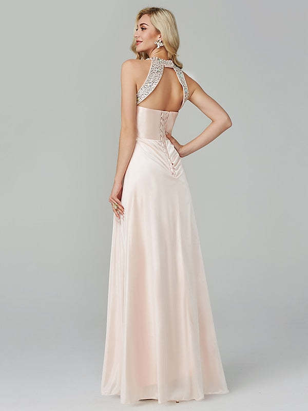 Floor-Length Sleeveless Halter Prom Dress with Crystals in A-Line/Princess Style