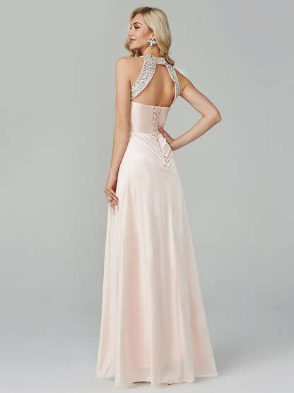 Floor-Length Sleeveless Halter Prom Dress with Crystals in A-Line/Princess Style