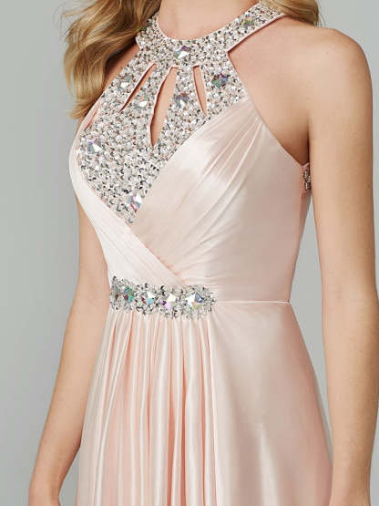 Floor-Length Sleeveless Halter Prom Dress with Crystals in A-Line/Princess Style