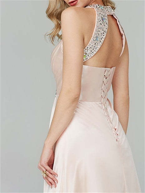 Floor-Length Sleeveless Halter Prom Dress with Crystals in A-Line/Princess Style