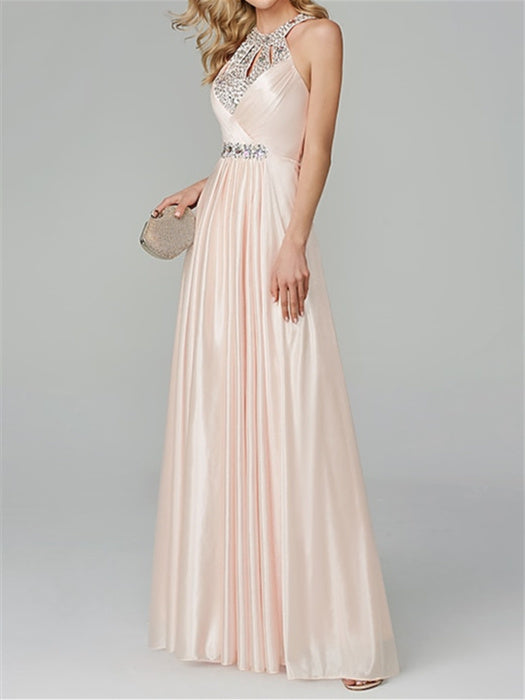 Floor-Length Sleeveless Halter Prom Dress with Crystals in A-Line/Princess Style
