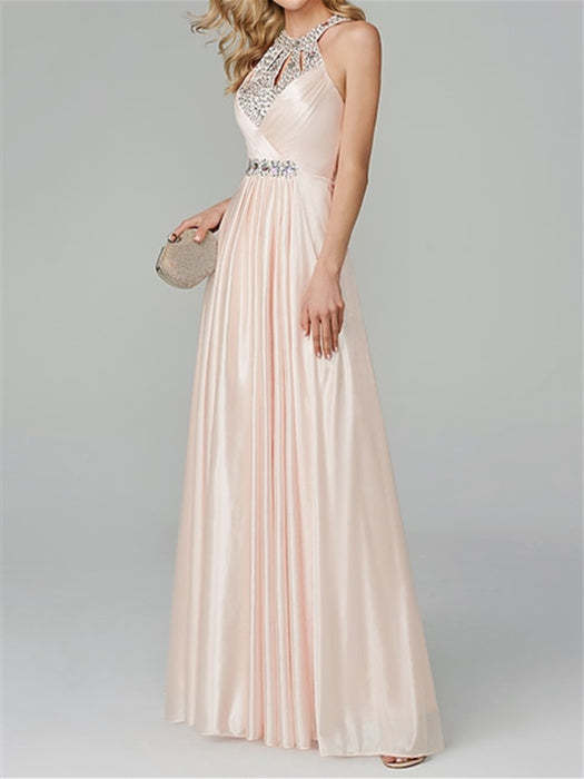 Floor-Length Sleeveless Halter Prom Dress with Crystals in A-Line/Princess Style