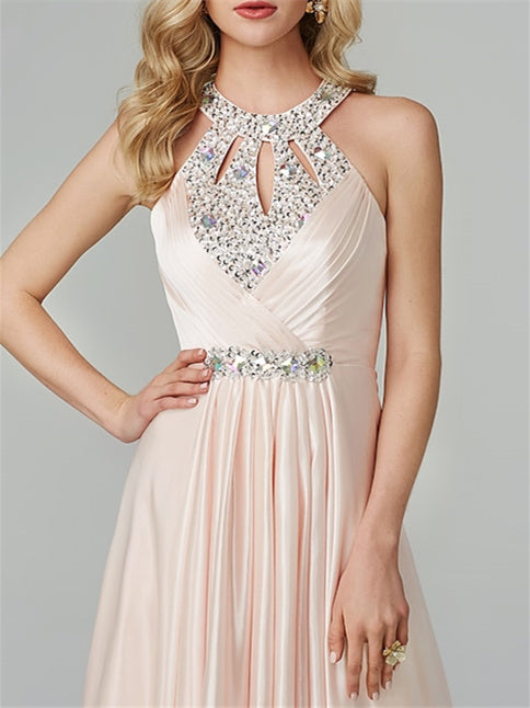 Floor-Length Sleeveless Halter Prom Dress with Crystals in A-Line/Princess Style