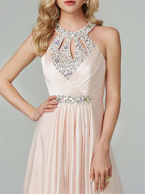 Floor-Length Sleeveless Halter Prom Dress with Crystals in A-Line/Princess Style