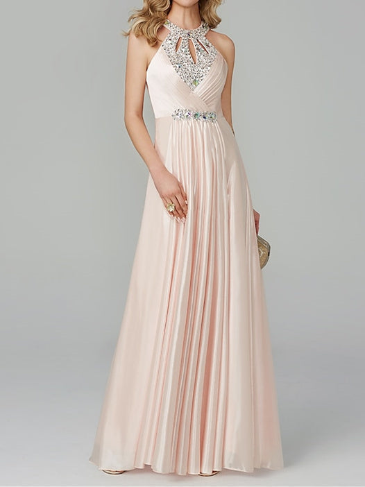 Floor-Length Sleeveless Halter Prom Dress with Crystals in A-Line/Princess Style