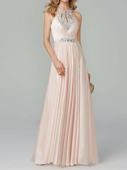 Floor-Length Sleeveless Halter Prom Dress with Crystals in A-Line/Princess Style