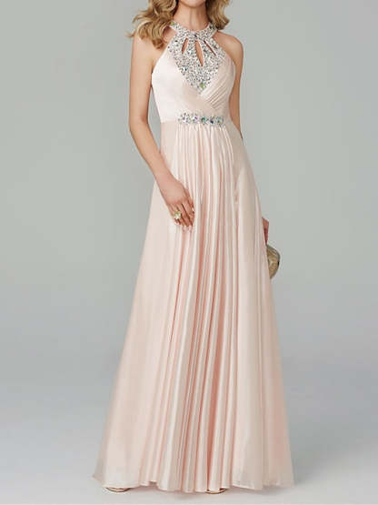Floor-Length Sleeveless Halter Prom Dress with Crystals in A-Line/Princess Style