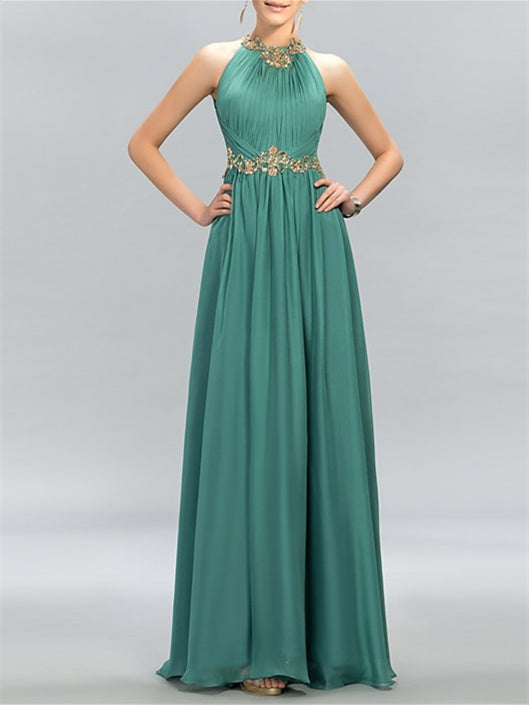 Floor-Length Halter Neck Evening Dress in A-Line/Princess Style