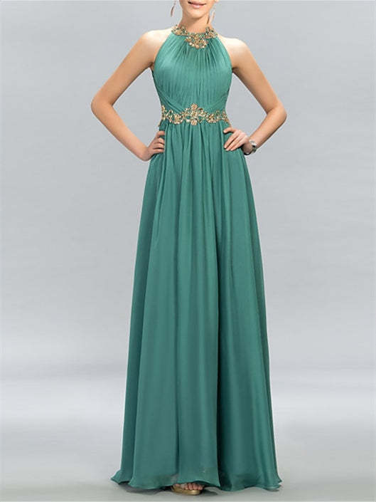 Floor-Length Halter Neck Evening Dress in A-Line/Princess Style
