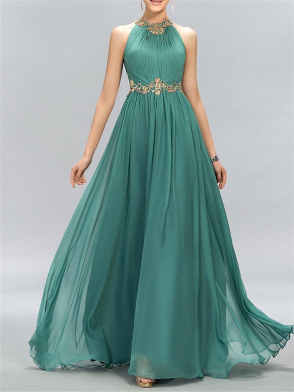 Floor-Length Halter Neck Evening Dress in A-Line/Princess Style