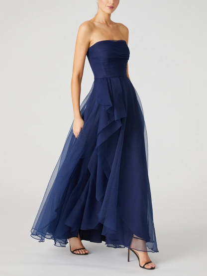Strapless Sleeveless A-Line Princess Evening Dress with Ruffles Ankle-Length