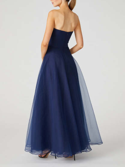 Strapless Sleeveless A-Line Princess Evening Dress with Ruffles Ankle-Length