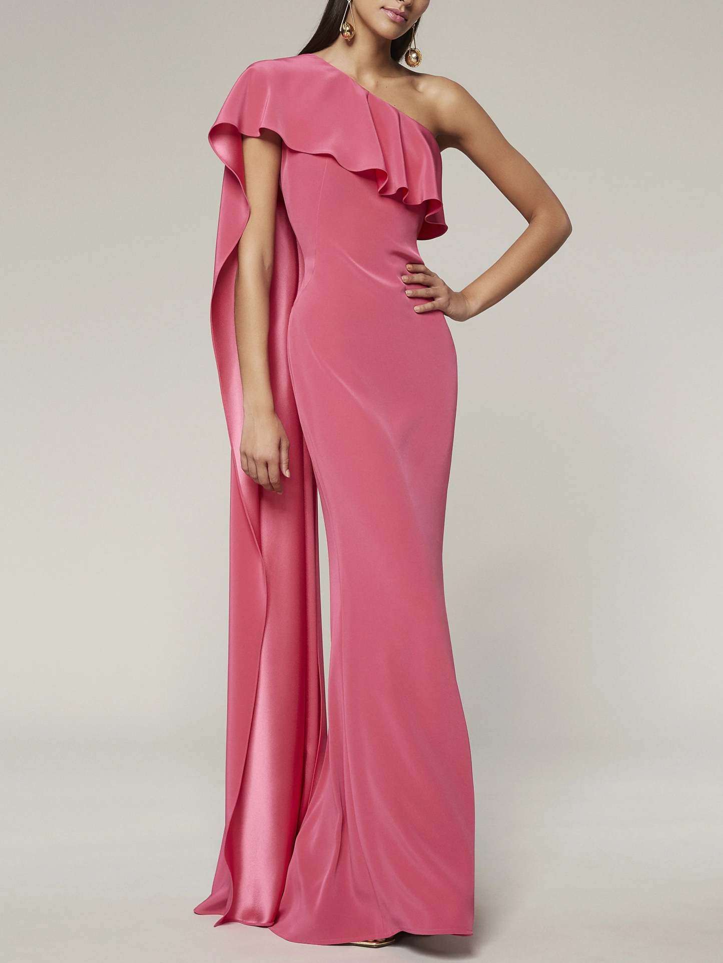 One-Shoulder Sleeveless Floor-Length Evening Gown with Watteau Train