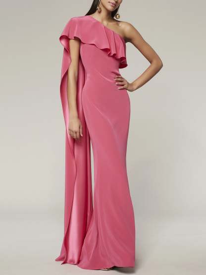 One-Shoulder Sleeveless Floor-Length Evening Gown with Watteau Train