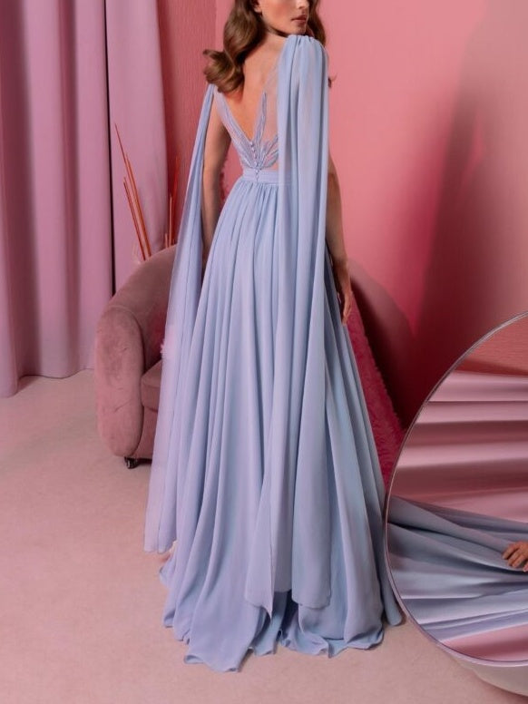 V-Neck Sleeveless A-Line Princess Evening Dress with Floor-Length Watteau Train