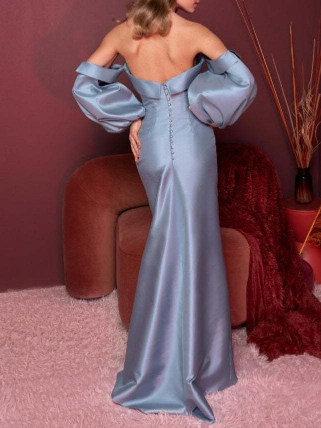 V-Neck A-Line Princess Evening Dress with Half Sleeves and Ruffles Floor-Length