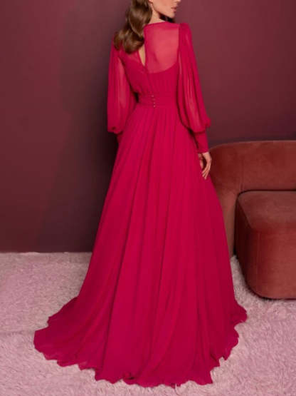 V-Neck A-Line Princess Evening Gown with Long Sleeves and Ruffles