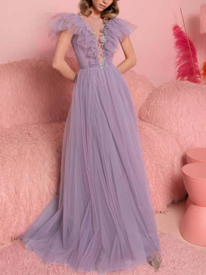 V-Neck A-Line Princess Evening Dress with Short Sleeves and Ruffles Floor-Length