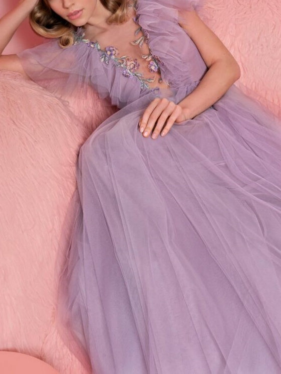V-Neck A-Line Princess Evening Dress with Short Sleeves and Ruffles Floor-Length