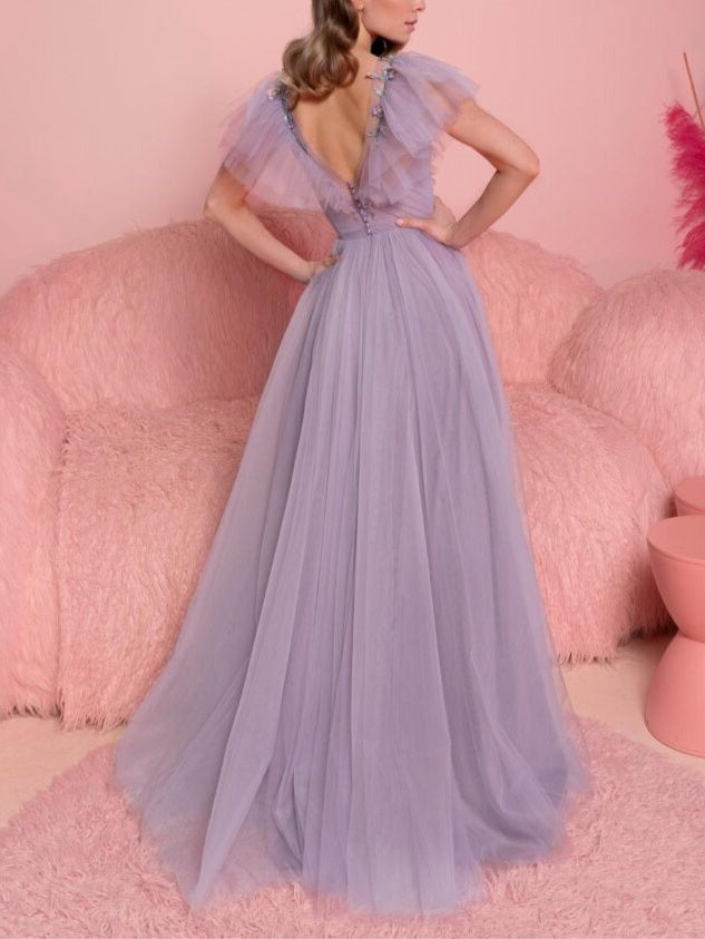 V-Neck A-Line Princess Evening Dress with Short Sleeves and Ruffles Floor-Length