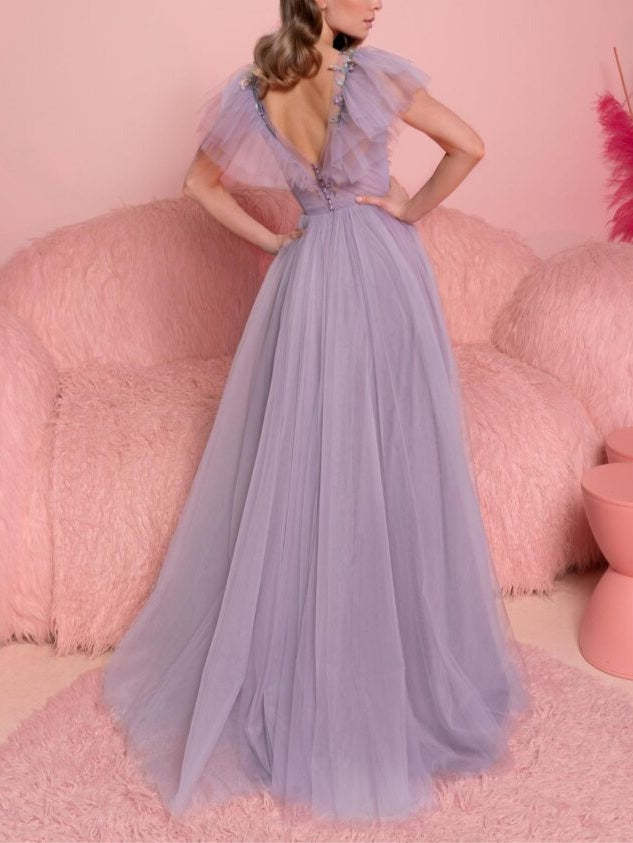 V-Neck A-Line Princess Evening Dress with Short Sleeves and Ruffles Floor-Length