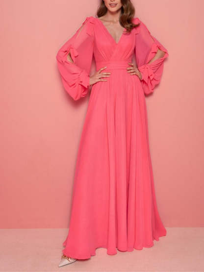 Floor-Length V-Neck A-Line Evening Dress with Long Sleeves and Ruffles