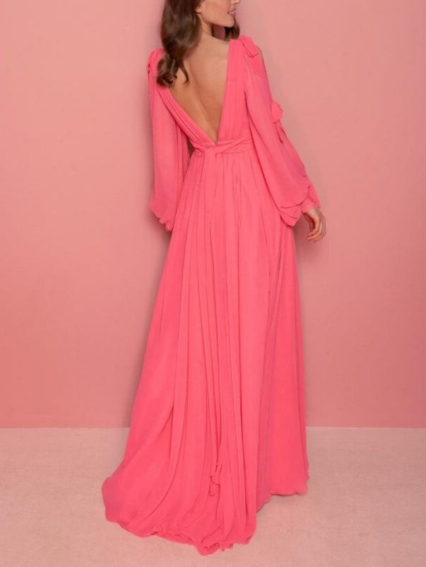 Floor-Length V-Neck A-Line Evening Dress with Long Sleeves and Ruffles