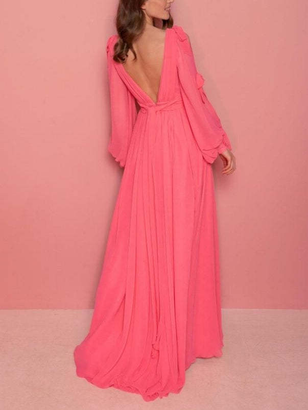 Floor-Length V-Neck A-Line Evening Dress with Long Sleeves and Ruffles