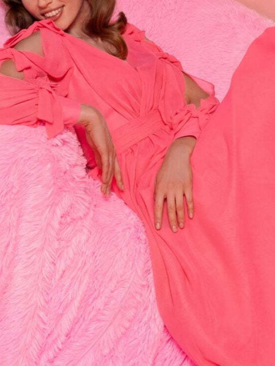 Floor-Length V-Neck A-Line Evening Dress with Long Sleeves and Ruffles