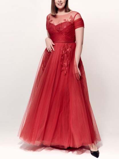 Plus Size Prom Dress with Applique in A-Line/Princess Style Jewel Neck and Short Sleeves