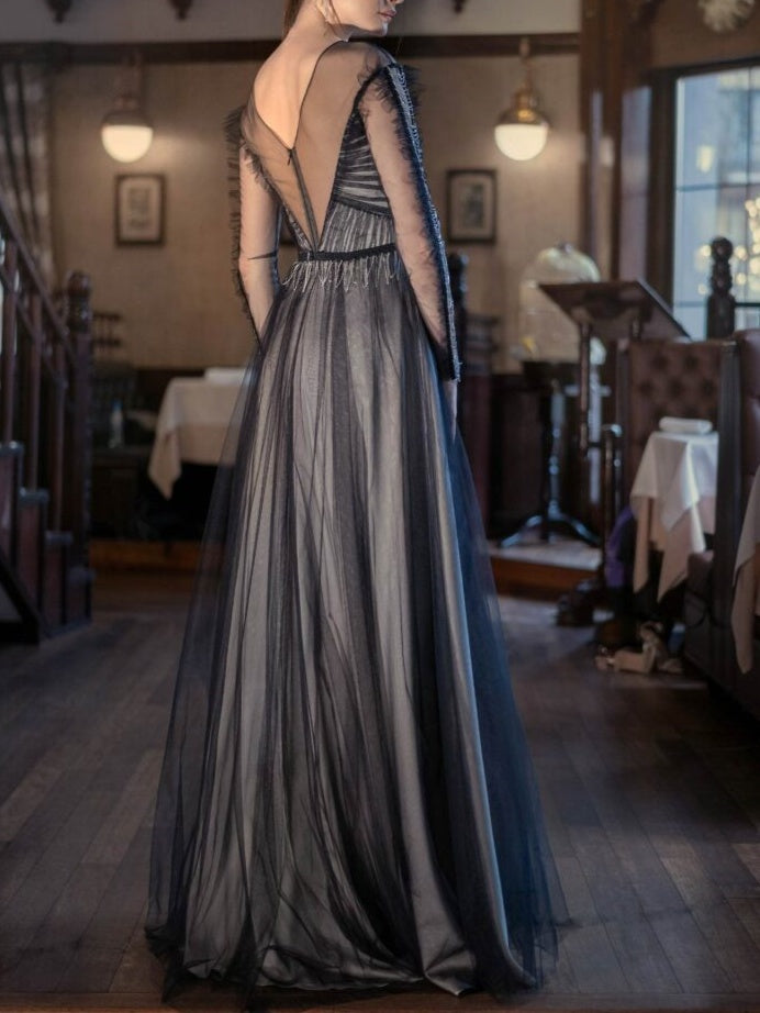 Floor-Length A-Line Princess Evening Dress with Scoop Neck and Side Split