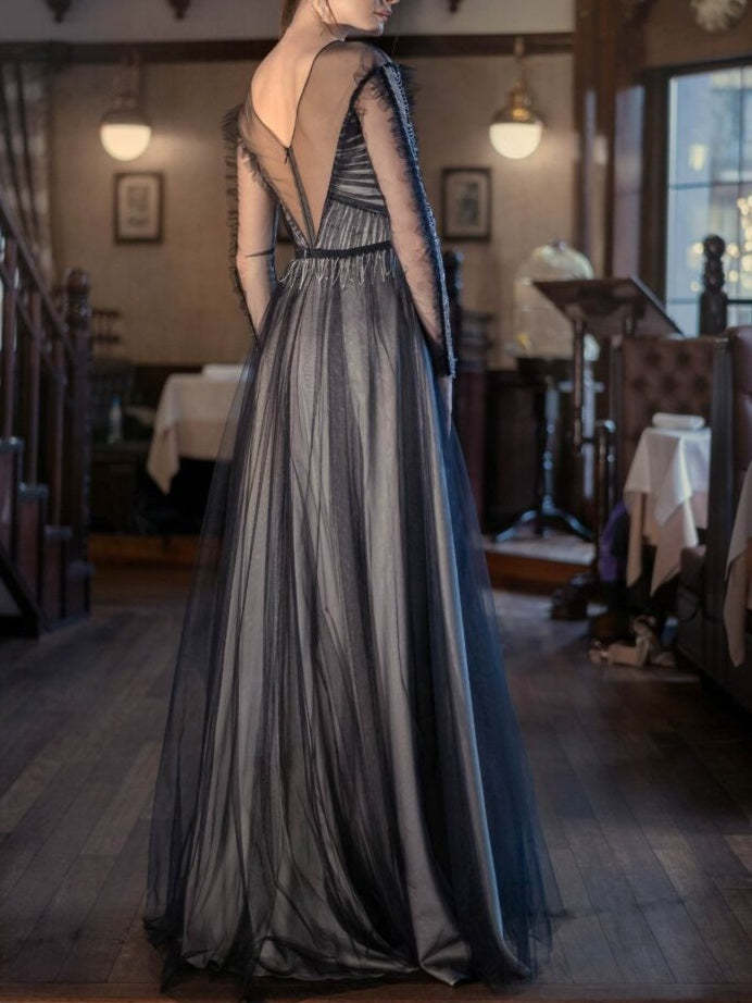 Floor-Length A-Line Princess Evening Dress with Scoop Neck and Side Split
