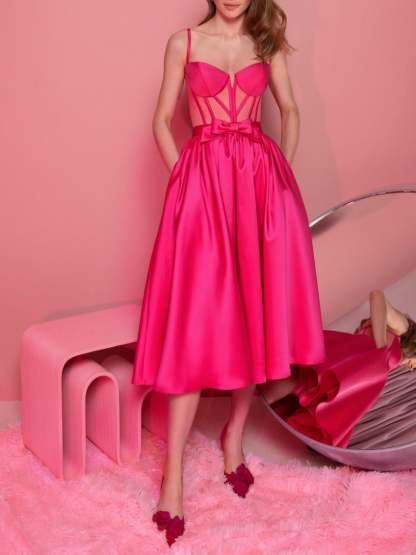 Spaghetti Strap Sleeveless A-Line/Princess Tea-Length Cocktail Dress Featuring a Knot Bow