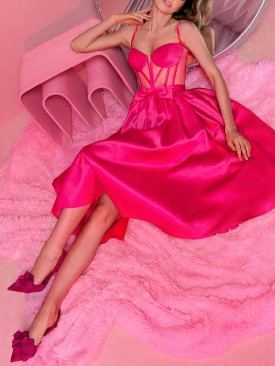 Spaghetti Strap Sleeveless A-Line/Princess Tea-Length Cocktail Dress Featuring a Knot Bow