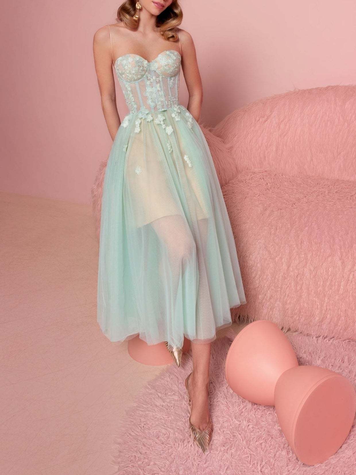 Strapless Sleeveless A-Line Princess Tea-Length Cocktail Dress with Applique