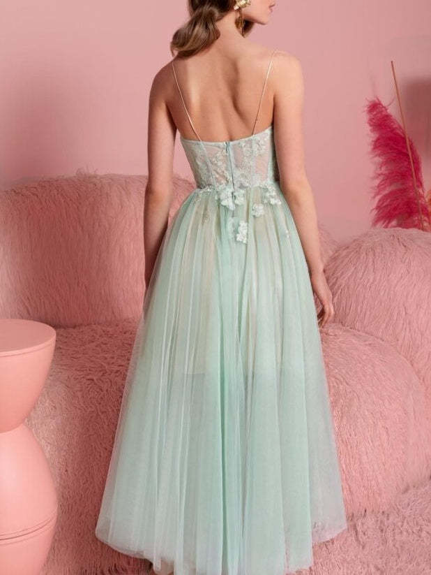 Strapless Sleeveless A-Line Princess Tea-Length Cocktail Dress with Applique