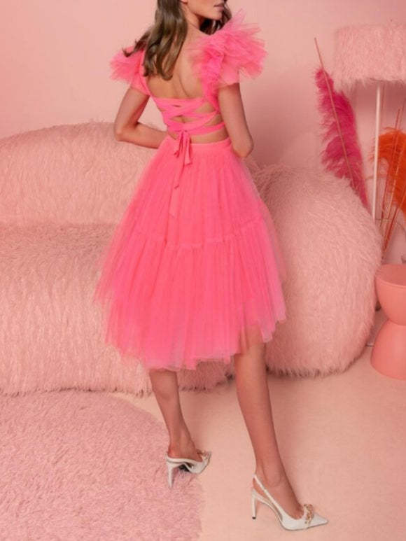 V-Neck A-Line Cocktail Dress with Short Sleeves and Asymmetrical Ruffles