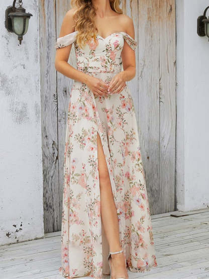 Strapless Sleeveless A-Line Princess Floor-Length Prom Dress with Side Split