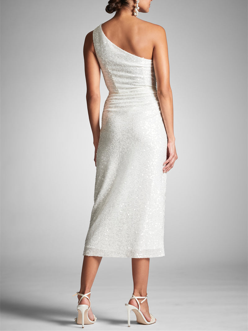 One-Shoulder Tea-Length Sheath/Column Homecoming Dress