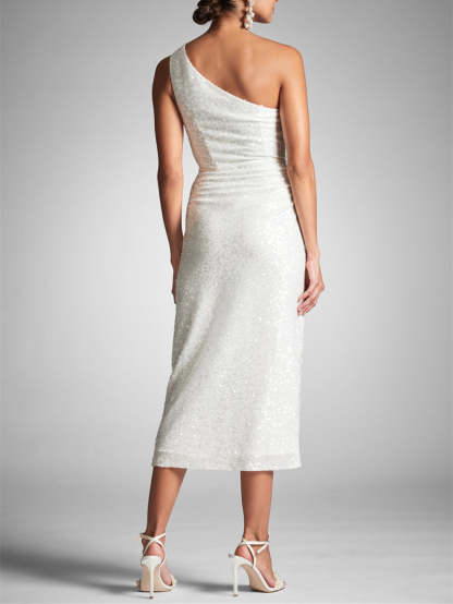 One-Shoulder Tea-Length Sheath/Column Homecoming Dress