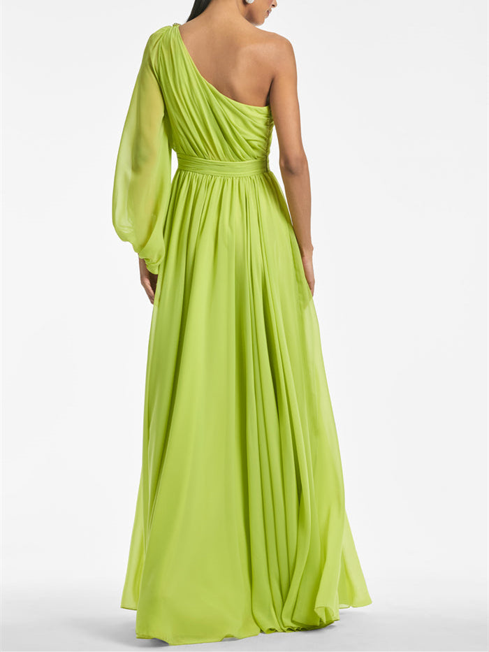 One-shoulder princess A-line evening gown with ruffles floor-length