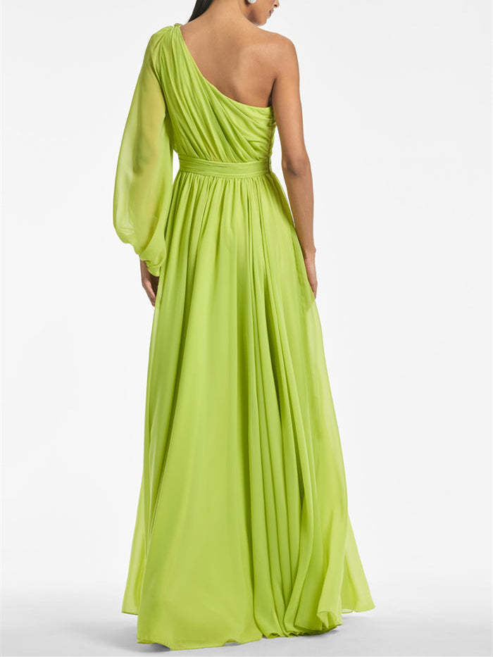 One-shoulder princess A-line evening gown with ruffles floor-length