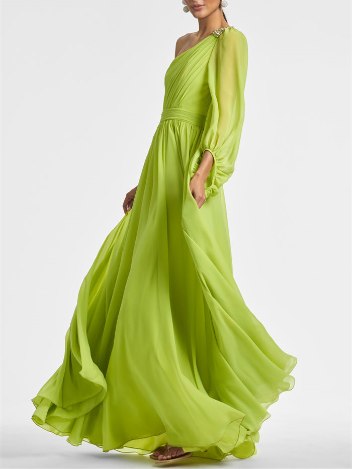 One-shoulder princess A-line evening gown with ruffles floor-length