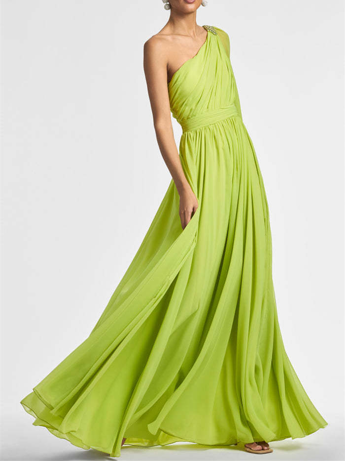 One-shoulder princess A-line evening gown with ruffles floor-length
