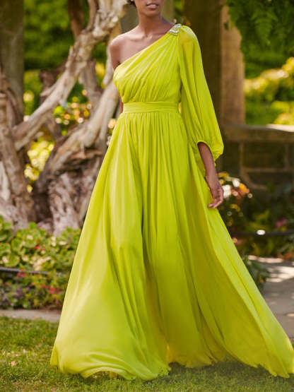 One-shoulder princess A-line evening gown with ruffles floor-length