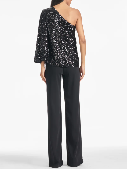Evening Dress with One Shoulder in Black Sequin