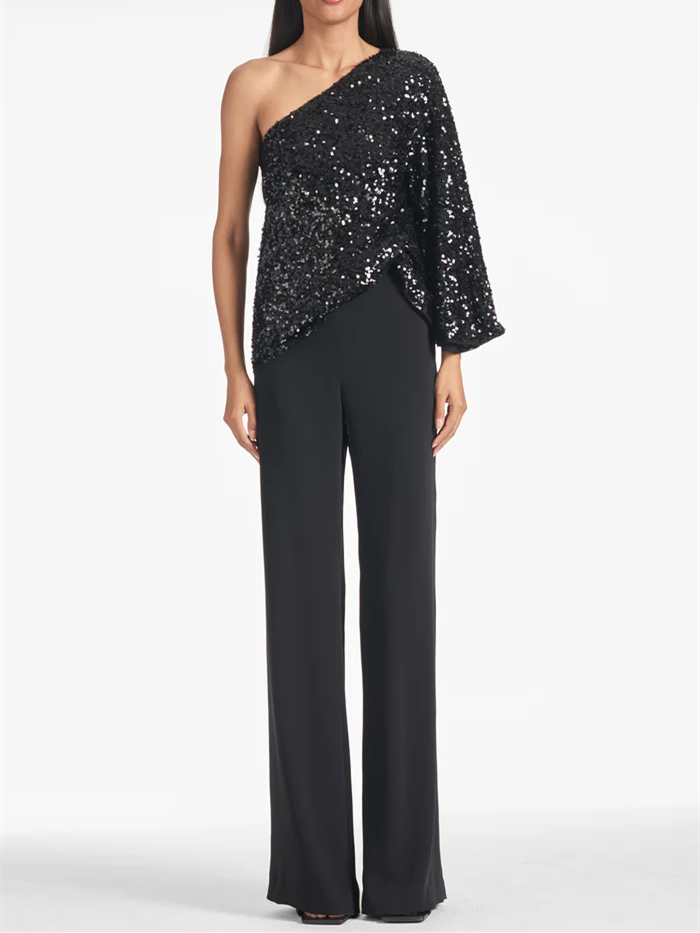 Evening Dress with One Shoulder in Black Sequin